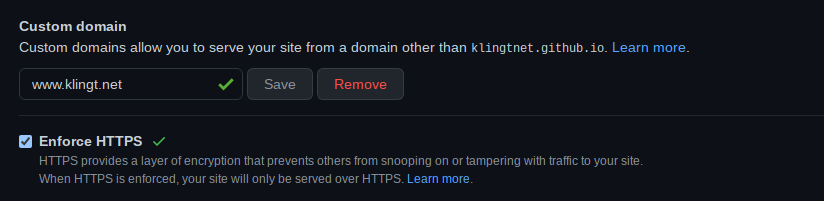 GitHub Pages settings domain dialog